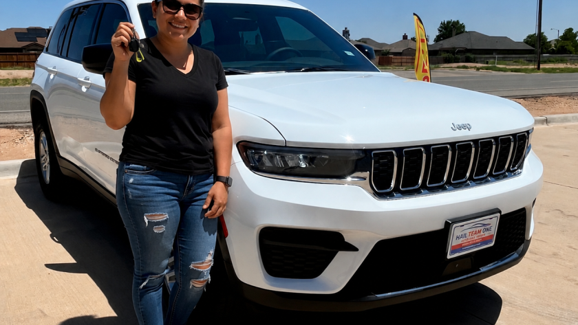 Happy customer standing in front of a white Jeep after professional auto hail repair in Lubbock, TX.