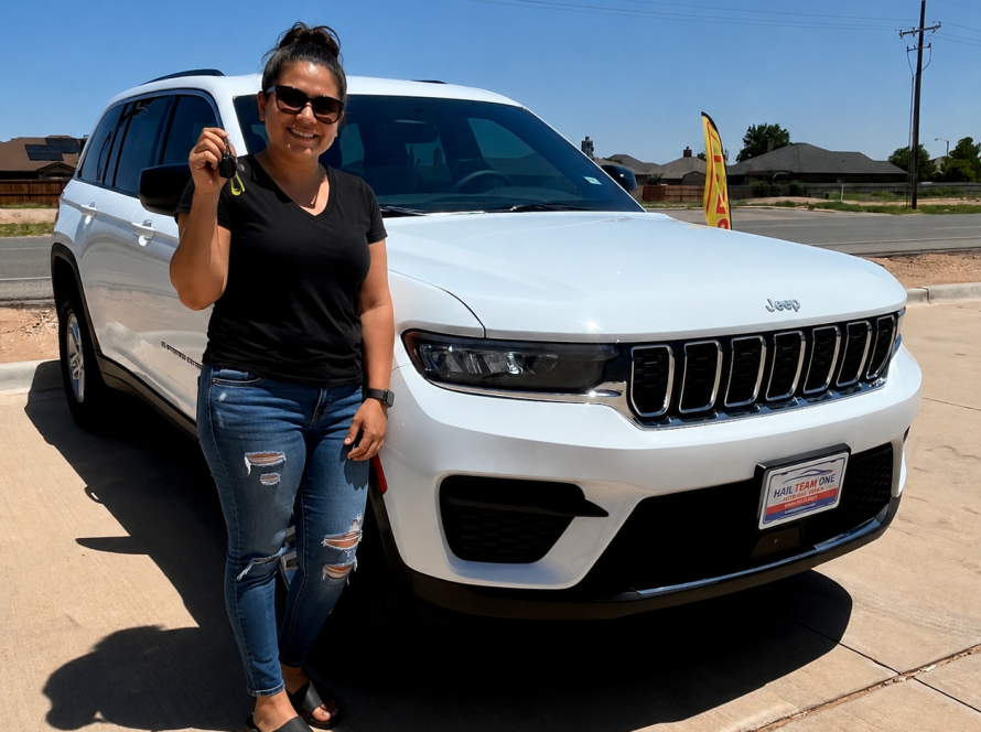 Happy customer standing in front of a white Jeep after professional auto hail repair in Lubbock, TX.
